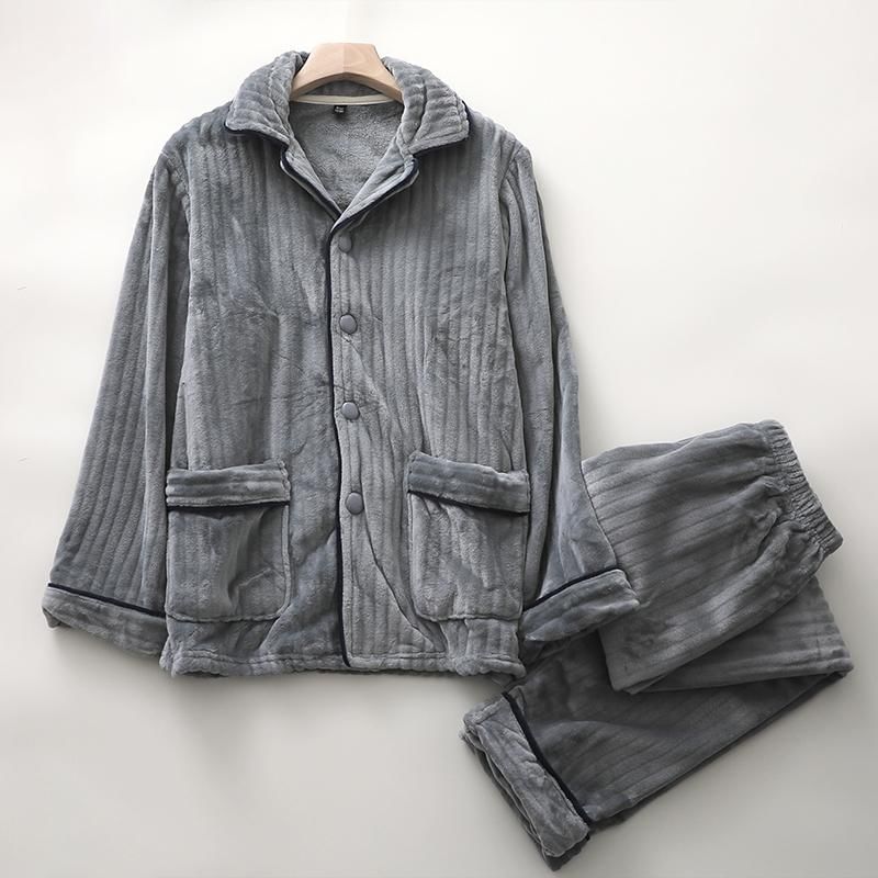 Couple Matching Pajama Set: Long-Sleeve Lapel Collar Contrast Trim Button-Up Fleece Top + Pants (Various Designs)