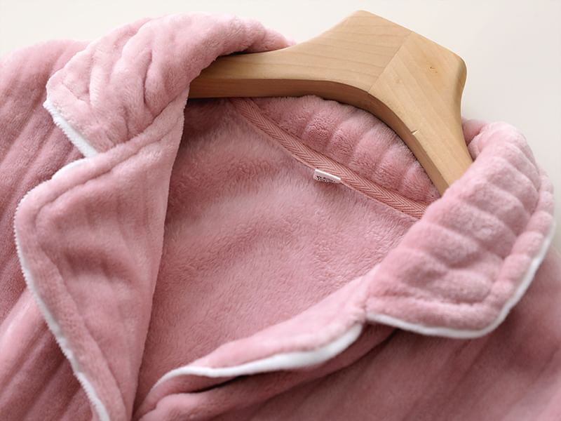 Couple Matching Pajama Set: Long-Sleeve Lapel Collar Contrast Trim Button-Up Fleece Top + Pants (Various Designs)