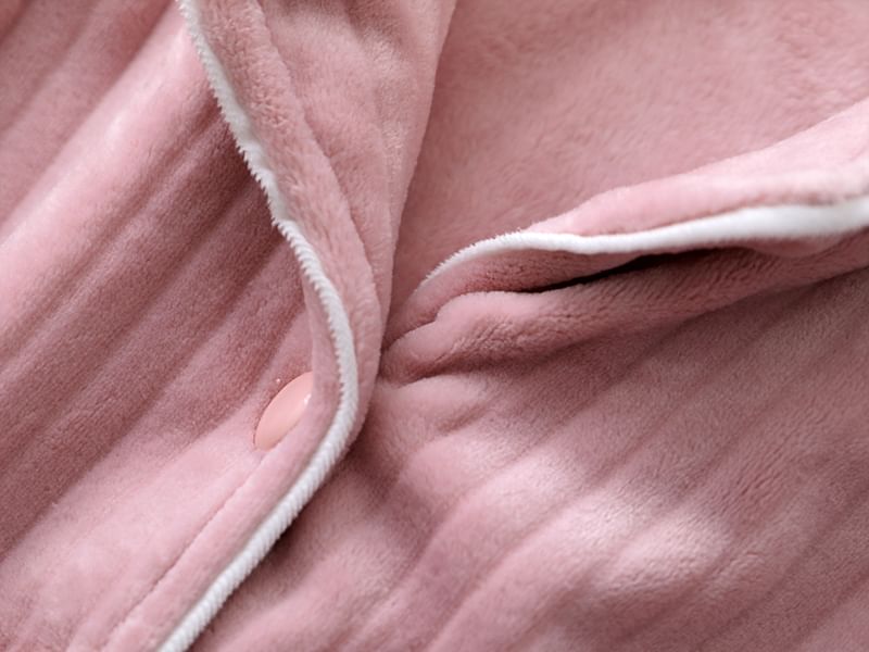 Couple Matching Pajama Set: Long-Sleeve Lapel Collar Contrast Trim Button-Up Fleece Top + Pants (Various Designs)