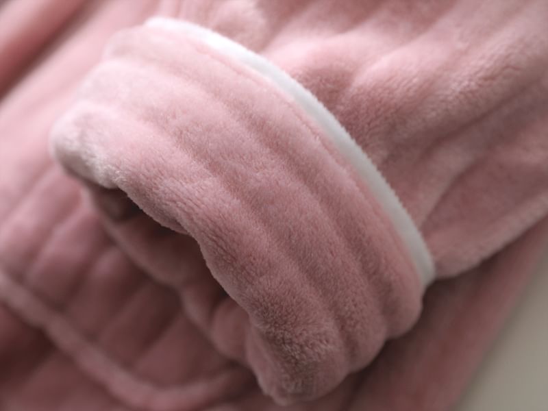 Couple Matching Pajama Set: Long-Sleeve Lapel Collar Contrast Trim Button-Up Fleece Top + Pants (Various Designs)