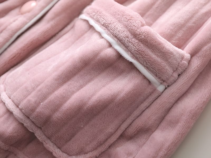 Couple Matching Pajama Set: Long-Sleeve Lapel Collar Contrast Trim Button-Up Fleece Top + Pants (Various Designs)