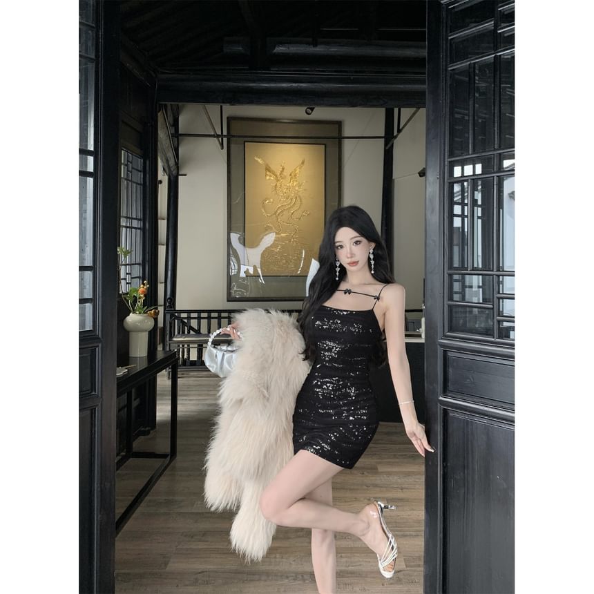 Sequin Ruched Mini Bodycon Dress - Thin Strap