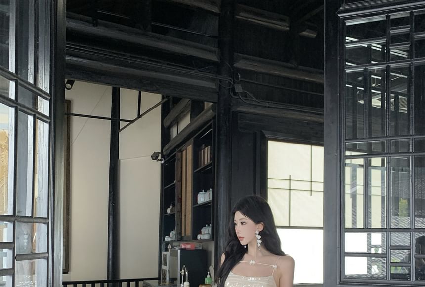 Sequin Ruched Mini Bodycon Dress - Thin Strap