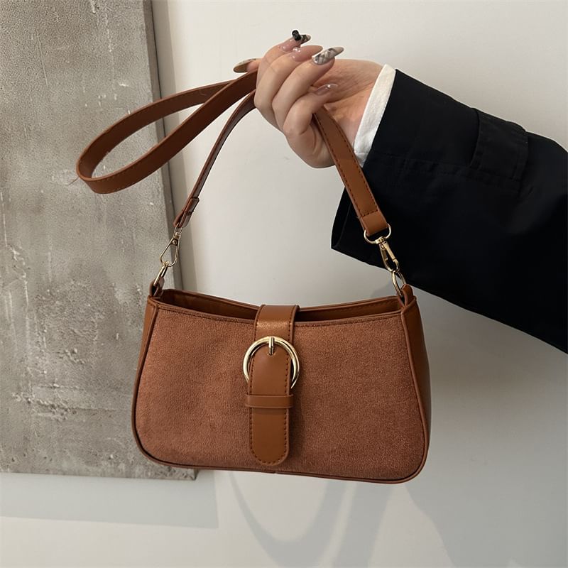 Buckled Panel Faux Suede Shoulder Bag