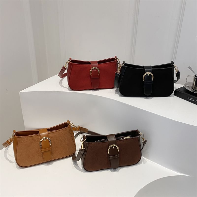 Buckled Panel Faux Suede Shoulder Bag