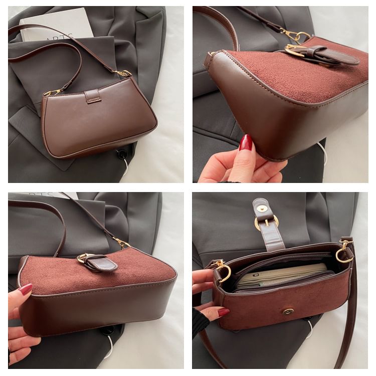 Buckled Panel Faux Suede Shoulder Bag