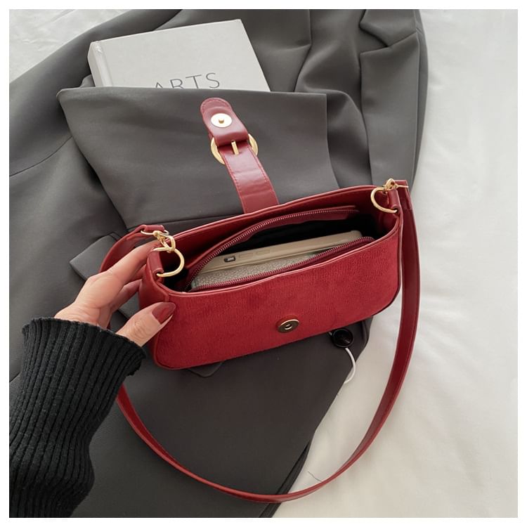 Buckled Panel Faux Suede Shoulder Bag