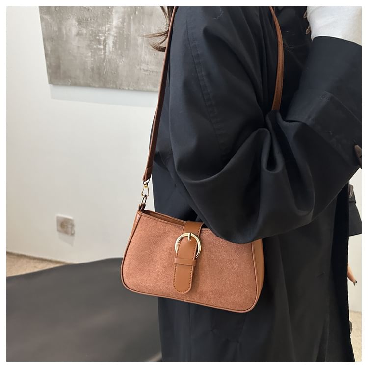 Buckled Panel Faux Suede Shoulder Bag