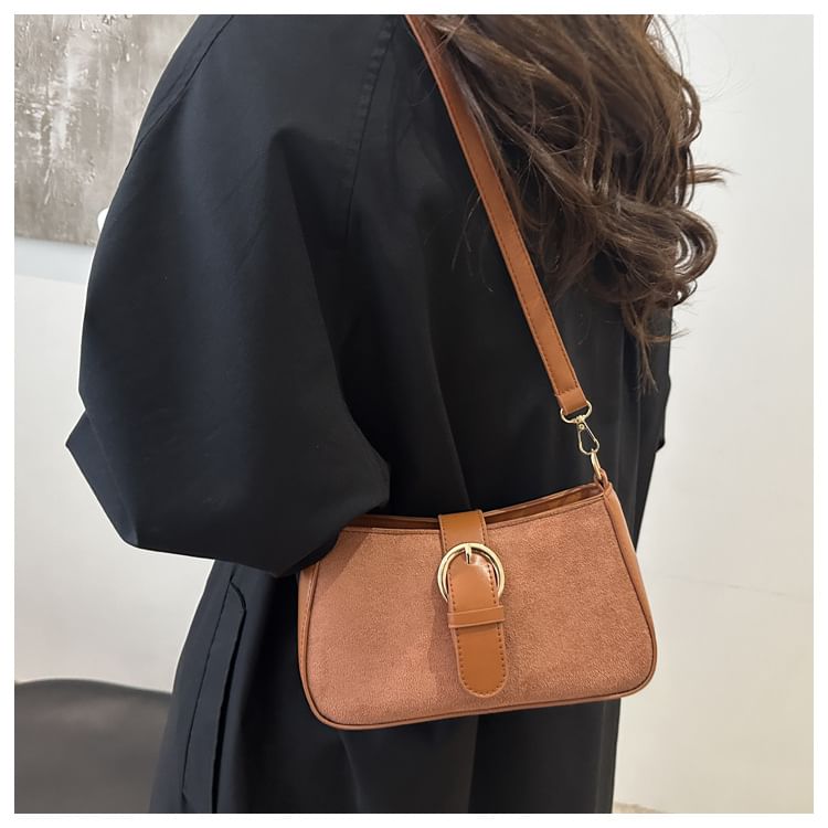 Buckled Panel Faux Suede Shoulder Bag