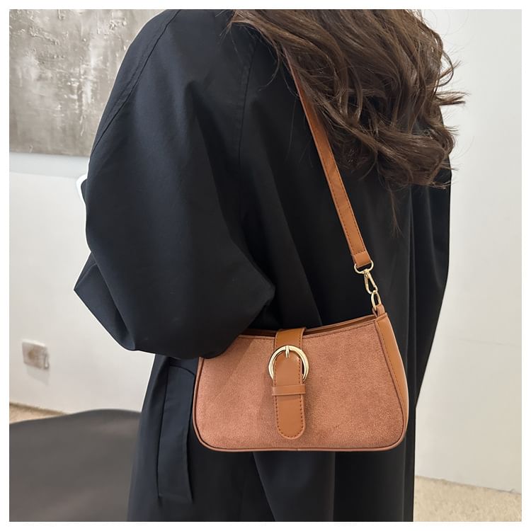 Buckled Panel Faux Suede Shoulder Bag