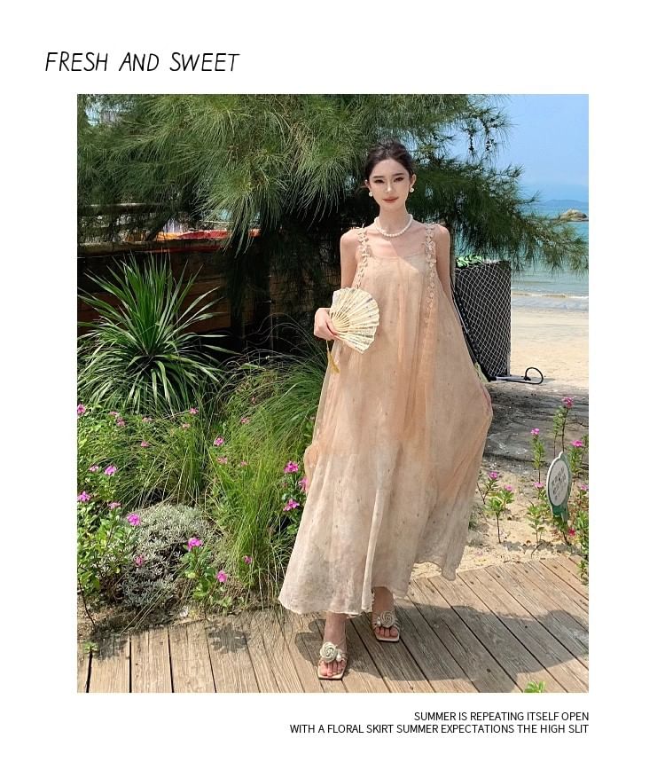 Lace Maxi A-Line Dress - Thin Strap