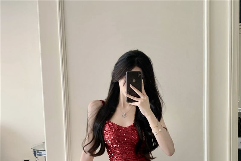Cowl Neck Sequin Maxi A-Line Dress - Thin Strap
