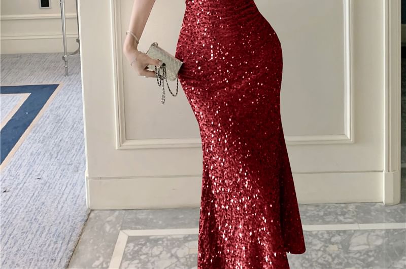 Cowl Neck Sequin Maxi A-Line Dress - Thin Strap