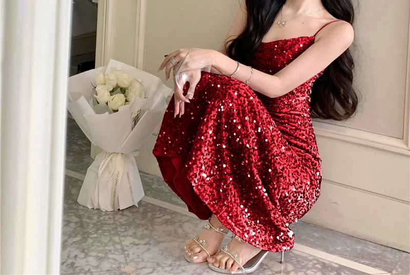 Cowl Neck Sequin Maxi A-Line Dress - Thin Strap