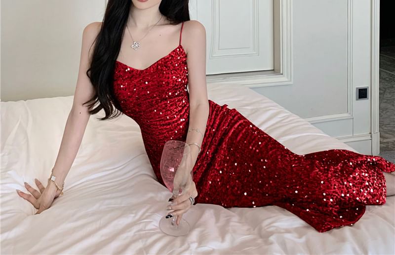 Cowl Neck Sequin Maxi A-Line Dress - Thin Strap