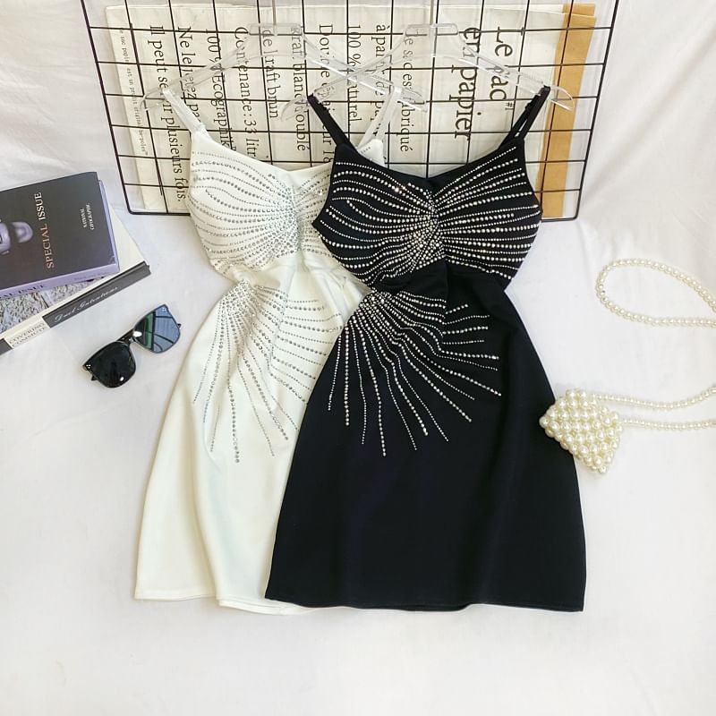 Rhinestone Mini A-Line Dress - Thin Strap
