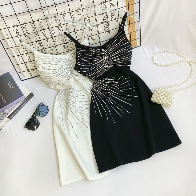 Rhinestone Mini A-Line Dress - Thin Strap