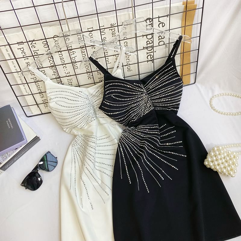 Rhinestone Mini A-Line Dress - Thin Strap