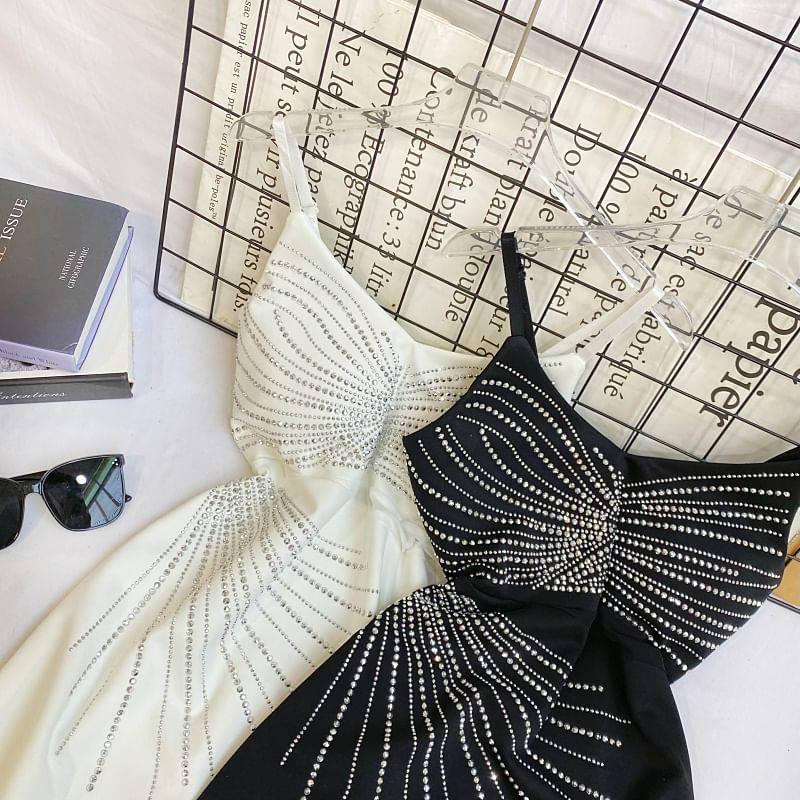 Rhinestone Mini A-Line Dress - Thin Strap