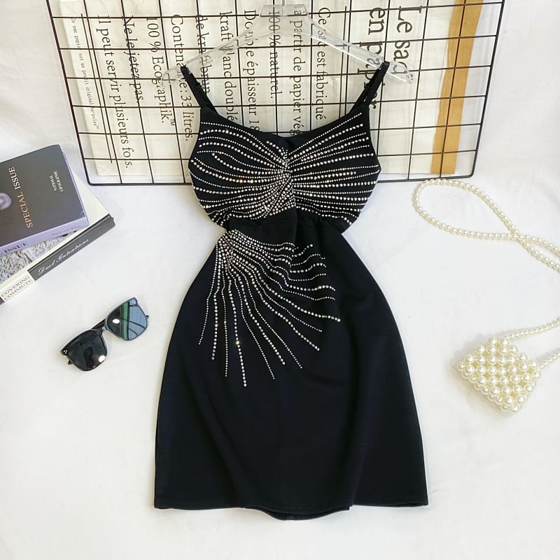 Rhinestone Mini A-Line Dress - Thin Strap