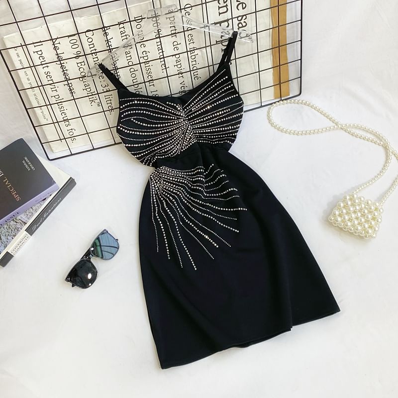 Rhinestone Mini A-Line Dress - Thin Strap