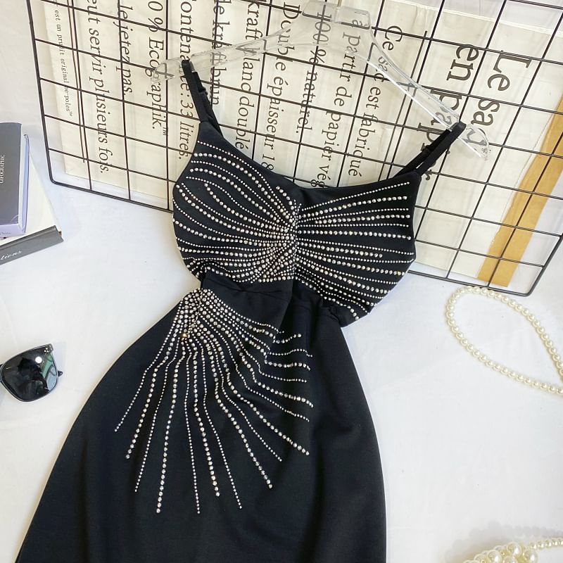 Rhinestone Mini A-Line Dress - Thin Strap