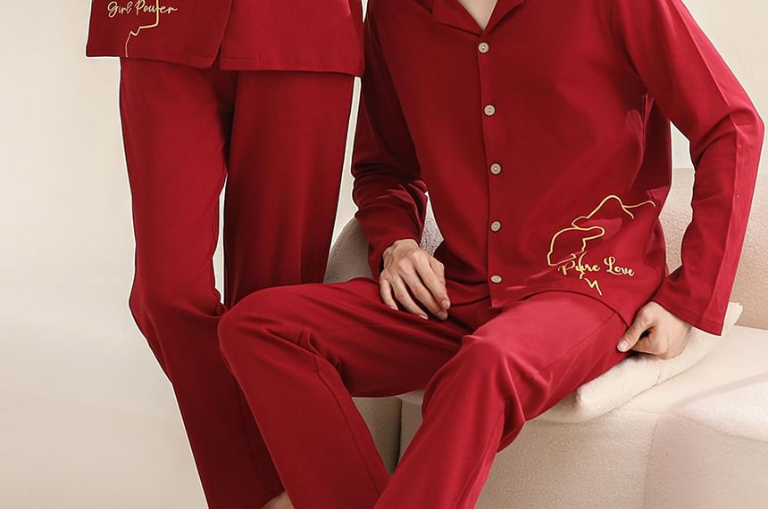 Couple Matching Pajama Set: Long Sleeve Collared Patterned Print Shirt + Elastic Waist Straight Leg Pants (Various Designs)