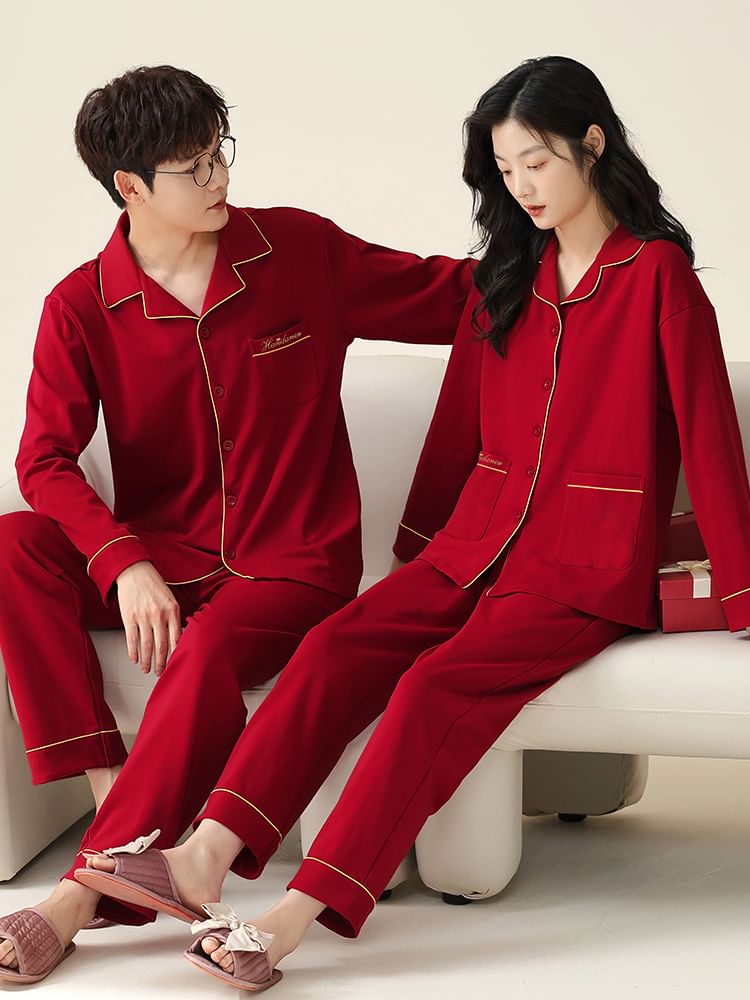 Couple Matching Pajama Set: Long Sleeve Collared Contrast Trim Shirt + Elastic Waist Straight Leg Pants (Various Designs)