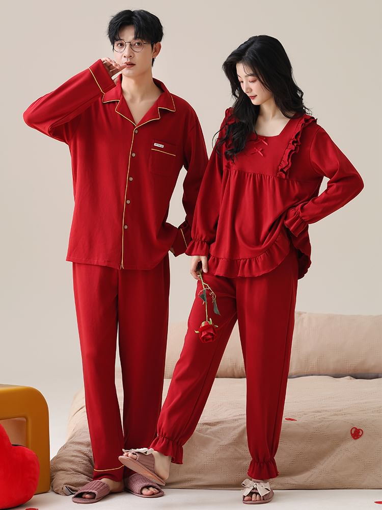 Couple Matching Pajama Set: Long Sleeve Top + Elastic Waist Straight Leg Pants (Various Designs)