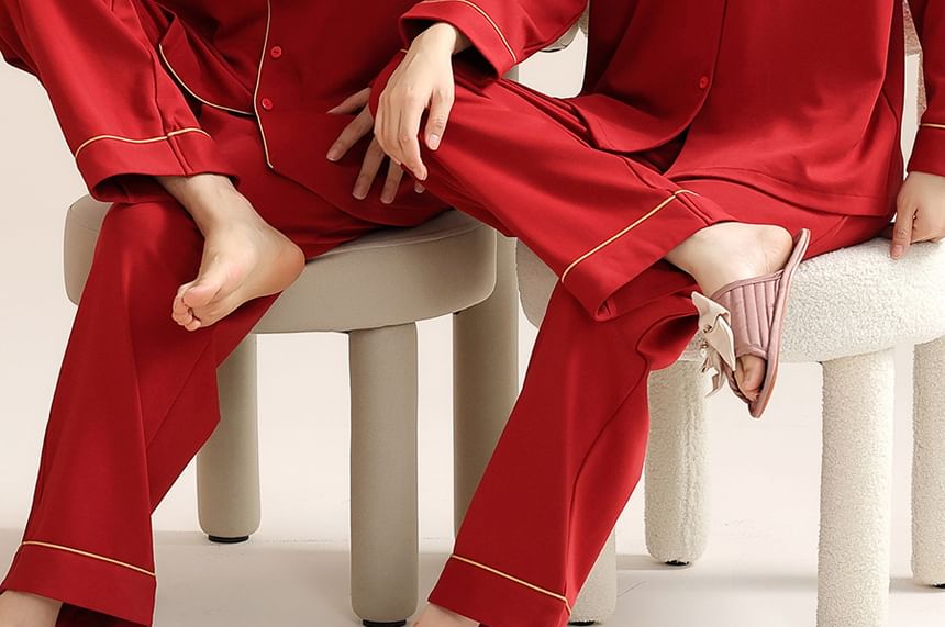 Couple Matching Pajama Set: Long Sleeve Collared Shirt + Elastic Waist Straight Leg Pants (Various Designs)