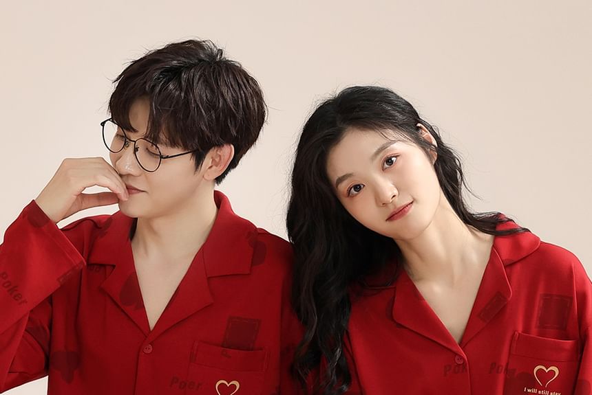 Couple Matching Pajama Set: Long Sleeve Collared Heart Print Shirt + Elastic Waist Straight Leg Pants (Various Designs)