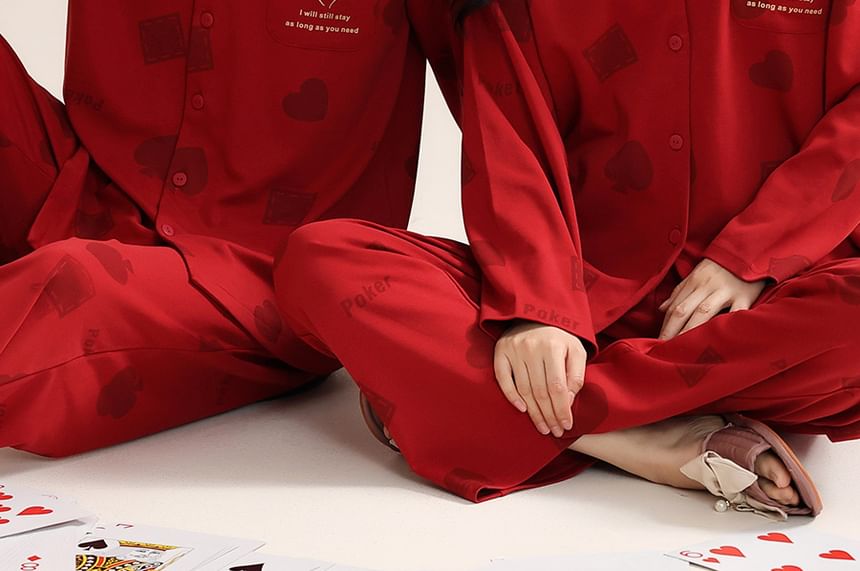 Couple Matching Pajama Set: Long Sleeve Collared Heart Print Shirt + Elastic Waist Straight Leg Pants (Various Designs)