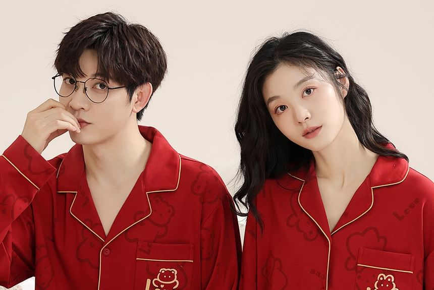 Couple Matching Pajama Set: Long Sleeve Collared Contrast Trim Cartoon Print Shirt + Elastic Waist Straight Leg Pants (Various Designs)