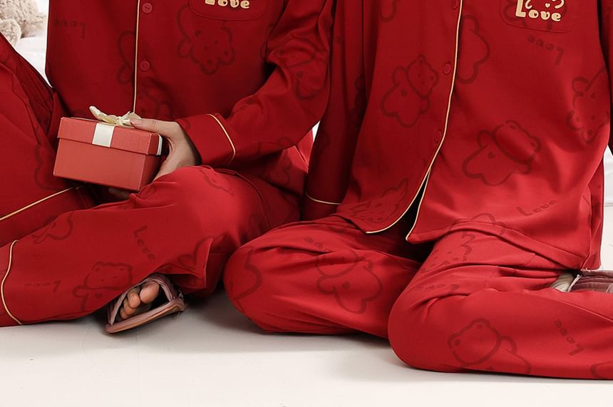 Couple Matching Pajama Set: Long Sleeve Collared Contrast Trim Cartoon Print Shirt + Elastic Waist Straight Leg Pants (Various Designs)