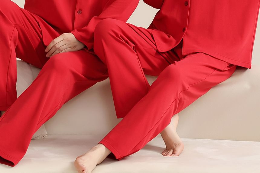 Couple Matching Pajama Set: Long Sleeve Collared Applique Shirt + Elastic Waist Straight Leg Pants (Various Designs)