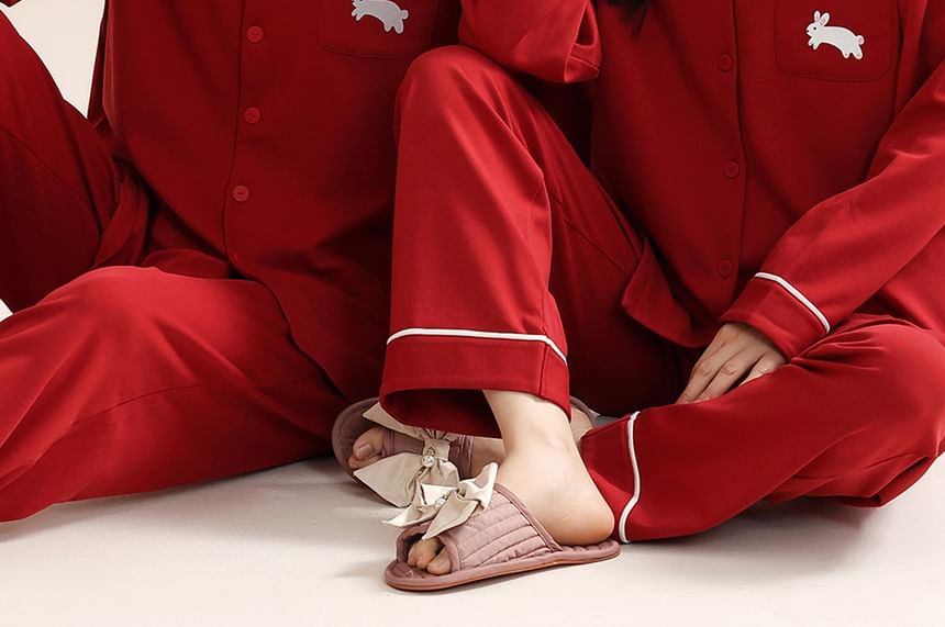 Couple Matching Pajama Set: Long Sleeve Collared Rabbit Print Shirt + Elastic Waist Straight Leg Pants (Various Designs)