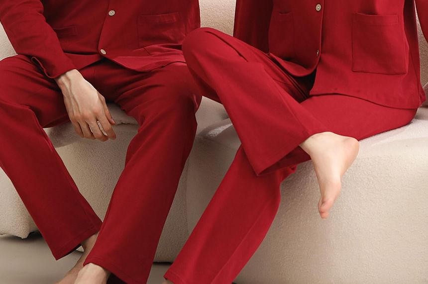 Couple Matching Pajama Set: Long Sleeve Collared Elephant Print Shirt + Elastic Waist Straight Leg Pants (Various Designs)