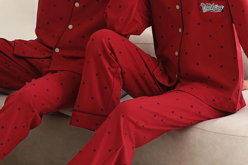 Couple Matching Pajama Set: Long Sleeve Collared Dotted Shirt + Elastic Waist Straight Leg Pants (Various Designs)