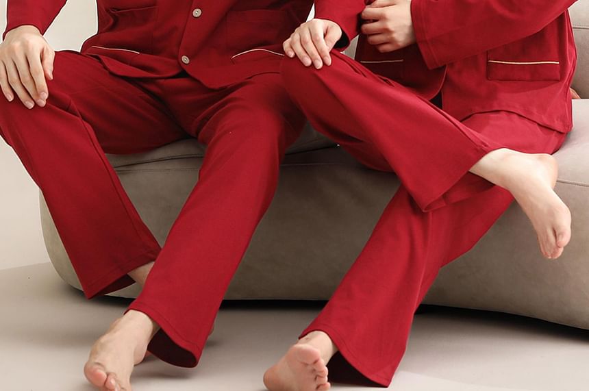 Couple Matching Pajama Set: Long Sleeve Collared Contrast Trim Shirt + Elastic Waist Straight Leg Pants (Various Designs)