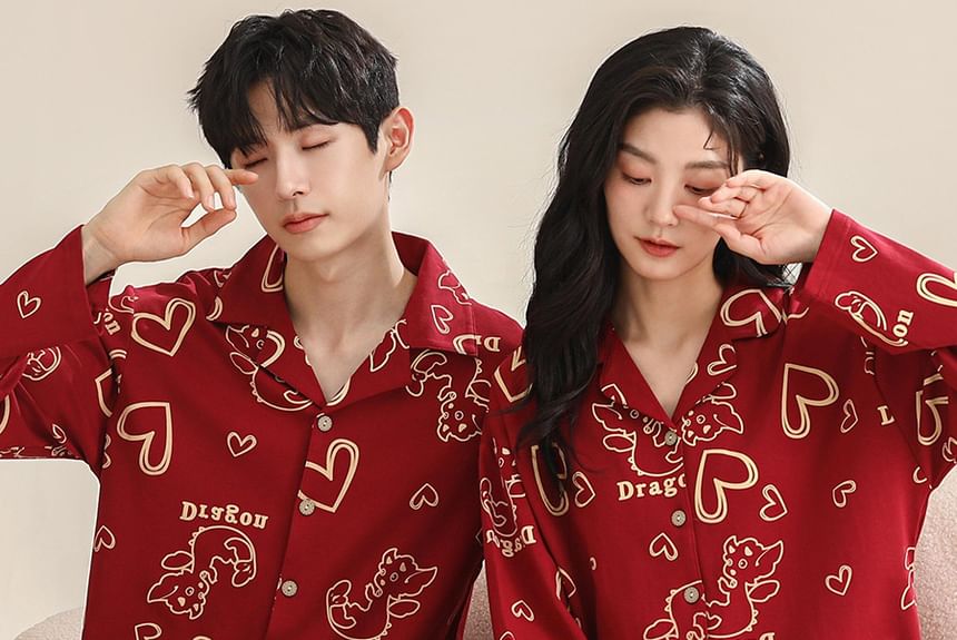Couple Matching Pajama Set: Long Sleeve Collared Cartoon Print Shirt + Elastic Waist Straight Leg Pants (Various Designs)