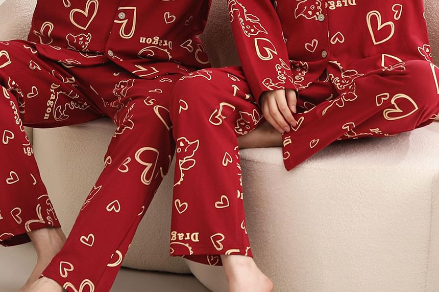 Couple Matching Pajama Set: Long Sleeve Collared Cartoon Print Shirt + Elastic Waist Straight Leg Pants (Various Designs)