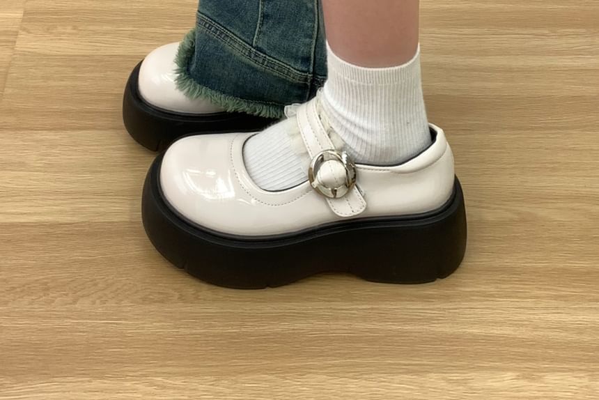 Platform Frill Trim Buckled Patent Leather Mary Jane Shoes
