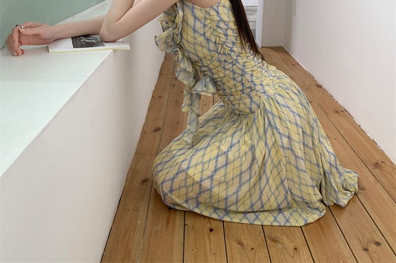 Argyle Ruffle Trim Maxi A-Line Sundress