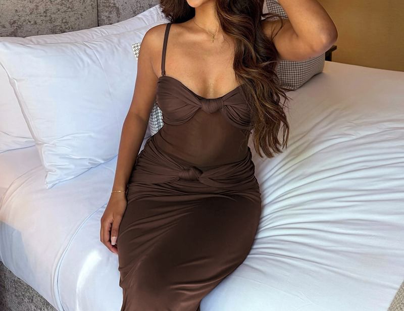 Mesh Panel Knot Maxi Bodycon Dress - Thin Strap