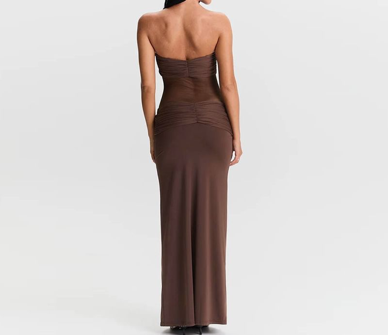 Mesh Panel Knot Maxi Bodycon Dress - Thin Strap