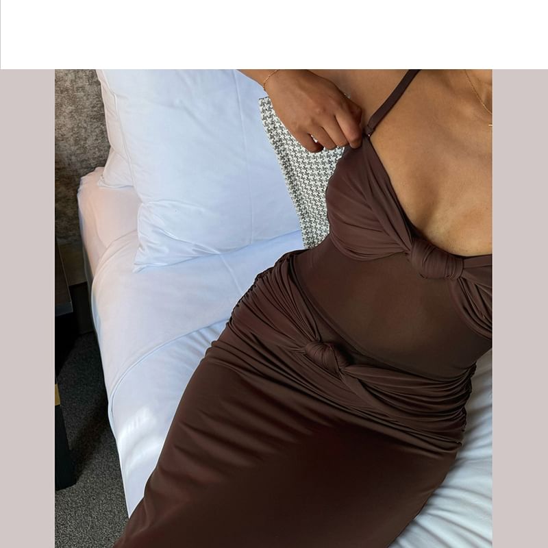 Mesh Panel Knot Maxi Bodycon Dress - Thin Strap