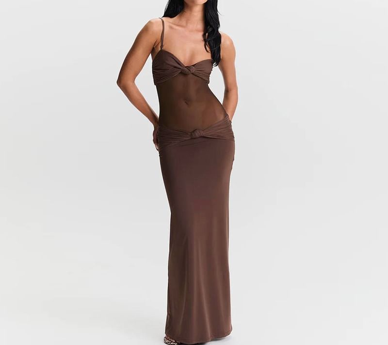 Mesh Panel Knot Maxi Bodycon Dress - Thin Strap
