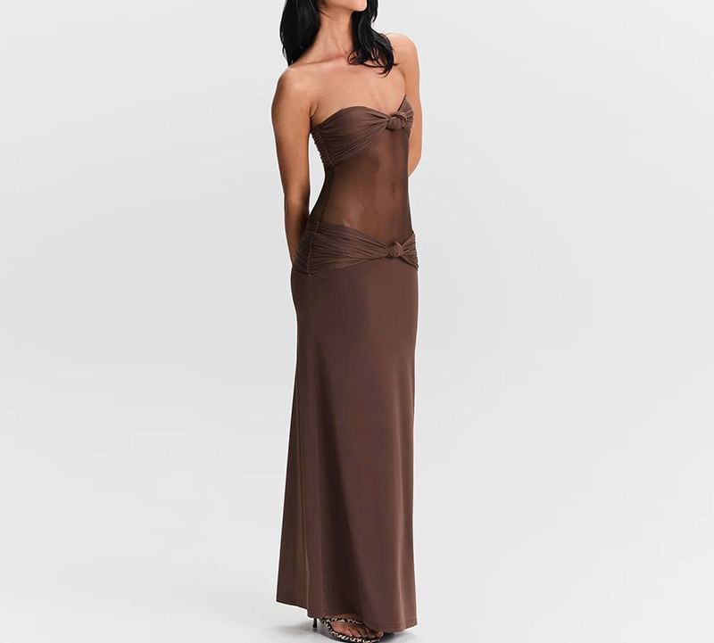 Mesh Panel Knot Maxi Bodycon Dress - Thin Strap