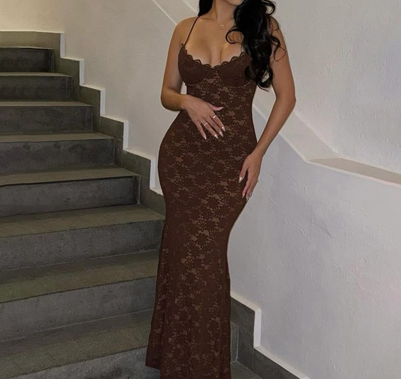 V-Neck Open Back Lace Maxi Mermaid Dress