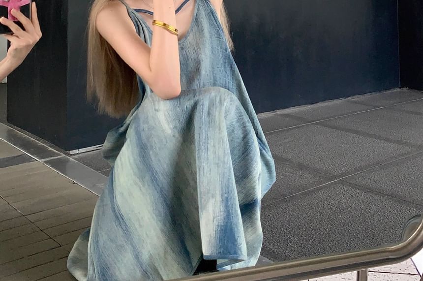 V-Neck Tie Dye Maxi A-Line Spaghetti Strap Dress